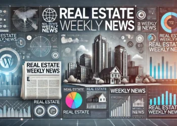 Grafica accattivante per articolo settimanale di notizie immobiliari in breve, con skyline cittadino, ritagli di giornale, grafici e il titolo 'Real Estate Weekly News'