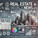 Grafica accattivante per articolo settimanale di notizie immobiliari in breve, con skyline cittadino, ritagli di giornale, grafici e il titolo 'Real Estate Weekly News'