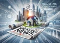 Immagine di notizie del mercato immobiliare settimanali con grafica moderna, includendo un giornale con titoli immobiliari, un'icona di casa, grattacieli e un banner di 'breaking news', con uno sfondo dinamico blu e bianco.