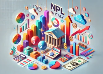 NPL, grafico del mercato in Italia con simboli di crescita, denaro e frecce verso l'alto che rappresentano progresso e opportunità.