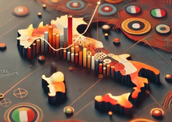 Grafico a linee che mostra la crescita degli investimenti immobiliari 2024 nel settore alberghiero italiano dal 2020 al 2024 su una mappa stilizzata dell'Italia con icone delle principali città turistiche.