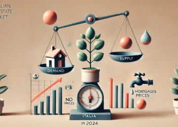 Illustrazione che rappresenta la situazione del mercato immobiliare italiano nel 2024, caratterizzata da una crescita graduale e dall'influenza delle politiche sui mutui.