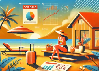 L'immagine rappresenta un individuo che, durante una rilassante vacanza estiva, valuta l'opportunità di investire in vacanza nell'immobiliare. Sullo sfondo, una casa al mare simboleggia il potenziale di un investimento nel settore immobiliare. L'immagine trasmette un senso di serenità e al contempo sottolinea l'importanza di prendere decisioni ponderate.