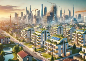 Rappresentazione delle case in italia con la vista di una città futuristica con edifici residenziali moderni in costruzione, gru e spazi verdi