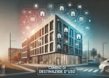 Decreto salva casa con immagine su cambio di destinazione d’uso, mostrando un edificio moderno con icone rappresentanti diverse categorie funzionali come abitazione, ufficio e negozio