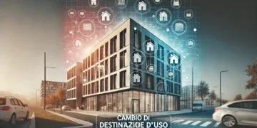 Decreto salva casa con immagine su cambio di destinazione d’uso, mostrando un edificio moderno con icone rappresentanti diverse categorie funzionali come abitazione, ufficio e negozio