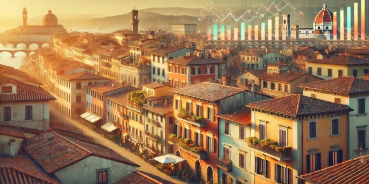 Panoramica del mercato immobiliare italiano con edifici residenziali tradizionali e moderni, tipici del contesto urbano italiano.