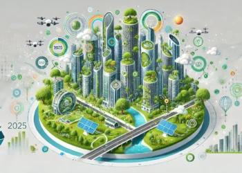 Trend immobiliare rappresentato con un futuristico paesaggio urbano 2025 con grattacieli ecologici, tecnologia avanzata e spazi verdi, simbolo di sostenibilità e benessere.