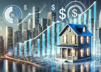 Immagine del mercato immobiliare USA con grattacieli, grafici finanziari e simbolo del dollaro