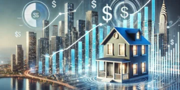 Immagine del mercato immobiliare USA con grattacieli, grafici finanziari e simbolo del dollaro