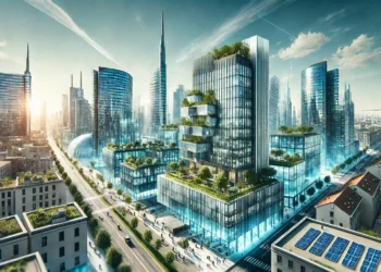 Skyline di Milano con edifici uffici sostenibili ed efficienti energeticamente