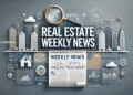 Grafica orizzontale moderna per notizie immobiliari settimanali, con skyline urbano, edifici stilizzati e testo 'Real Estate Weekly News' in caratteri moderni.