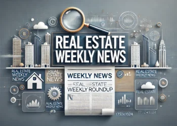 Grafica orizzontale moderna per notizie immobiliari settimanali, con skyline urbano, edifici stilizzati e testo 'Real Estate Weekly News' in caratteri moderni.