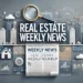 Grafica orizzontale moderna per notizie immobiliari settimanali, con skyline urbano, edifici stilizzati e testo 'Real Estate Weekly News' in caratteri moderni.