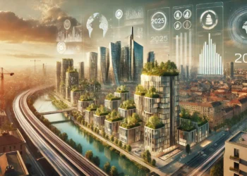 Città moderna con edifici sostenibili e tradizionali, simbolo del mercato immobiliare 2025 in Italia