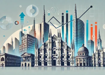 Immagine orizzontale per articoli sulle notizie immobiliari italiane, con skyline di grattacieli moderni e edifici storici, simbolo di crescita del mercato.