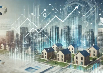 mmagine rappresentativa della Legge di Bilancio 2025 con skyline urbano, grafici finanziari e aggiornamenti legislativi sul settore immobiliare.