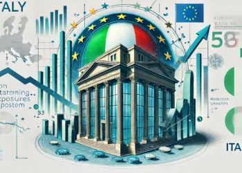 Illustrazione del successo dell'Italia nella riduzione degli NPE, con grafici di crescita e un edificio simbolico con bandiera italiana.