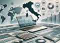 Immagine professionale di gestione del credito in Italia con documenti finanziari, grafici e mappa dell’Italia sullo sfondo