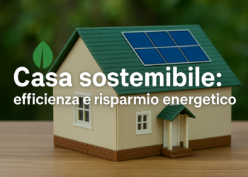 Modello di casa sostenibile con tetto verde e pannelli solari su sfondo naturale