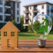 Modello di casa in legno e lampadina con grafico verde che simboleggiano l’efficienza energetica immobiliare e l’aumento del valore degli investimenti