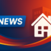 Grafica moderna per notizie settimanali immobiliari, con icona casa e sfondo urbano stilizzato