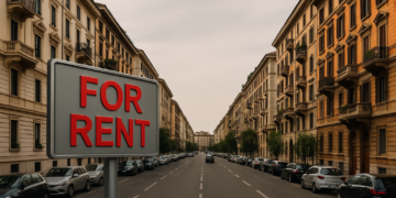 Cartello For Rent in primo piano su strada urbana con palazzi residenziali – simbolo del calo della domanda di affitti nelle città italiane nel 2025