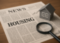 Modellino di casa, lente d’ingrandimento e giornale con notizie immobiliari
