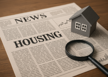 Modellino di casa, lente d’ingrandimento e giornale con notizie immobiliari