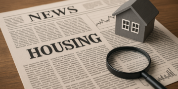 Modellino di casa, lente d’ingrandimento e giornale con notizie immobiliari