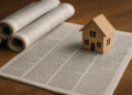 Modellino di casa in legno su giornale, simbolo di rassegna stampa notizie immobiliari.