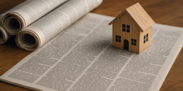 Modellino di casa in legno su giornale, simbolo di rassegna stampa notizie immobiliari.