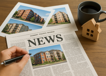 Tavolo con giornale aperto, foto di edifici residenziali, modellino di casa e tazza di caffè – simbolo della rassegna stampa con le notizie immobiliari