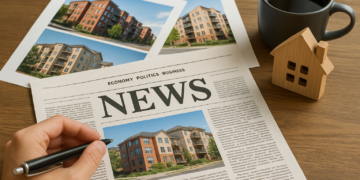 Tavolo con giornale aperto, foto di edifici residenziali, modellino di casa e tazza di caffè – simbolo della rassegna stampa con le notizie immobiliari