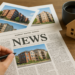 Tavolo con giornale aperto, foto di edifici residenziali, modellino di casa e tazza di caffè – simbolo della rassegna stampa con le notizie immobiliari