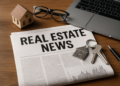 Scrivania con giornale immobiliare, chiavi di casa, modello abitazione, occhiali e laptop – simboli delle notizie immobiliari