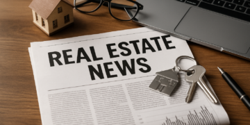 Scrivania con giornale immobiliare, chiavi di casa, modello abitazione, occhiali e laptop – simboli delle notizie immobiliari