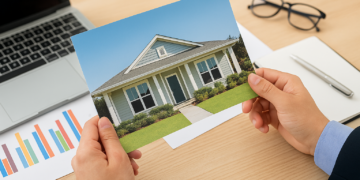 Mani che tengono una foto di una casa moderna, con grafici e laptop su scrivania, simbolo di analisi delle tendenze mercato immobiliare 2025