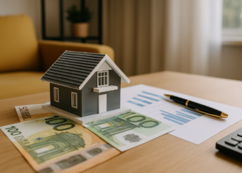 Modello di casa su banconote da 100 euro con documenti finanziari e penna, simbolo del Bonus Affitto 2025
