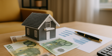 Modello di casa su banconote da 100 euro con documenti finanziari e penna, simbolo del Bonus Affitto 2025