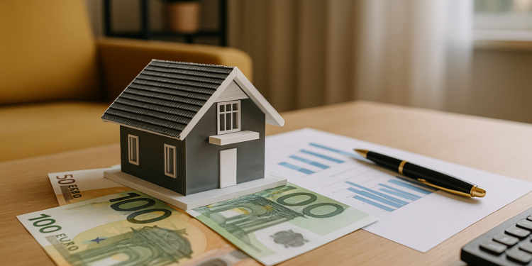Modello di casa su banconote da 100 euro con documenti finanziari e penna, simbolo del Bonus Affitto 2025