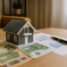 Modello di casa su banconote da 100 euro con documenti finanziari e penna, simbolo del Bonus Affitto 2025