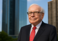 Warren Buffett in primo piano con grattacieli sullo sfondo, simbolo della finanza globale