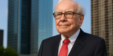 Warren Buffett in primo piano con grattacieli sullo sfondo, simbolo della finanza globale