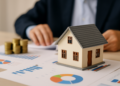 Modello di casa su documenti finanziari con grafici e monete, simbolo di investimento in nuda proprietà