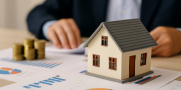 Modello di casa su documenti finanziari con grafici e monete, simbolo di investimento in nuda proprietà