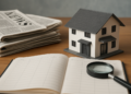 Notizie immobiliari rappresentate da modellino di casa, giornali, planner e lente d'ingrandimento su tavolo di legno