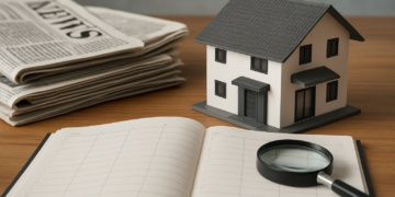 Notizie immobiliari rappresentate da modellino di casa, giornali, planner e lente d'ingrandimento su tavolo di legno