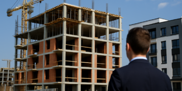 Vista di una casa in costruzione con gru accanto a un palazzo moderno completato