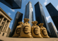 Sacchi di denaro con simbolo euro davanti a grattacieli e palazzi istituzionali, simbolo della crescita delle cartolarizzazioni immobiliari in Italia